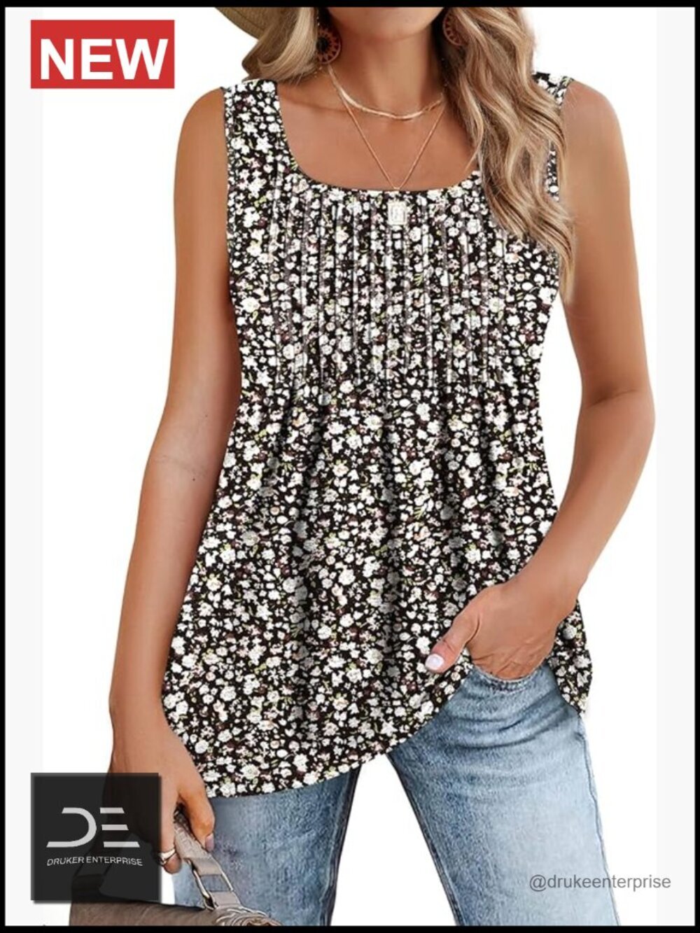 Pleated Square Neck Tank Top Soft Stretch Sleeveless Loose Fit Flowy Tunic